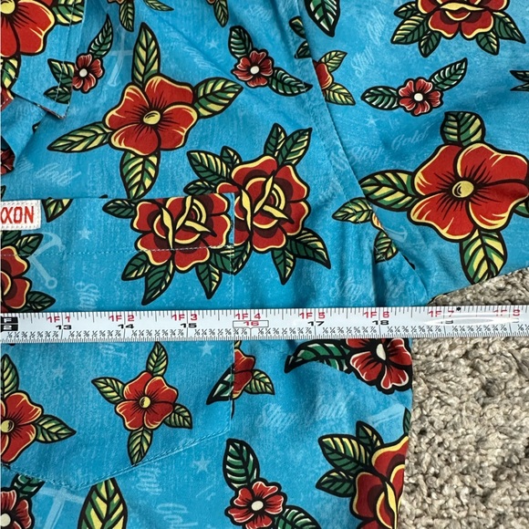 Dixxon Stay Gold Party Shirt Medium women’s Hawaiian blue red floral button up - Picture 10 of 12